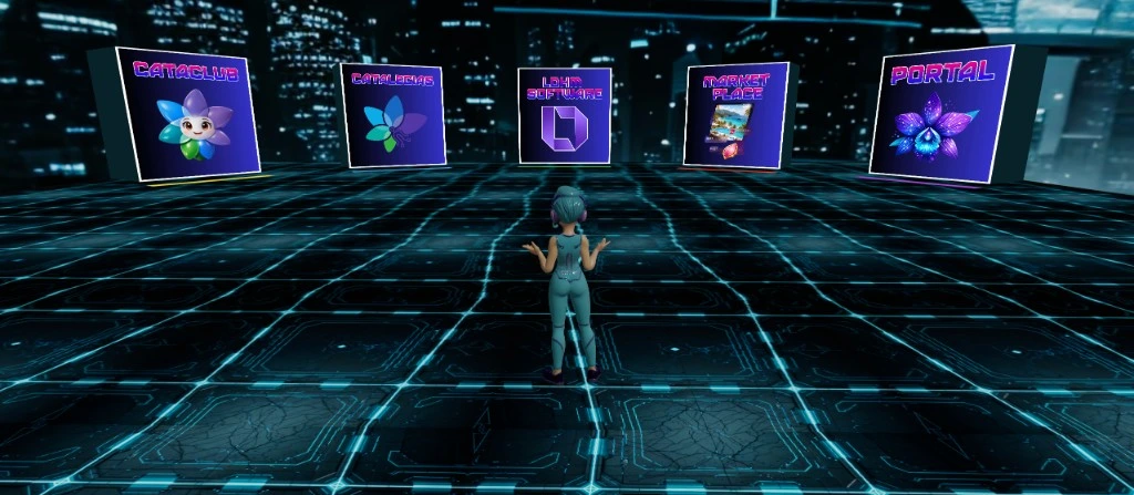 Vista del metaverso Catalecias: avatar y portales interactivos